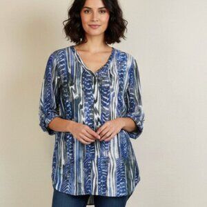 DAVID CLINE Women's Top XL Long Roll Tab Sleeve V Neck Blue Black Stripe Popover